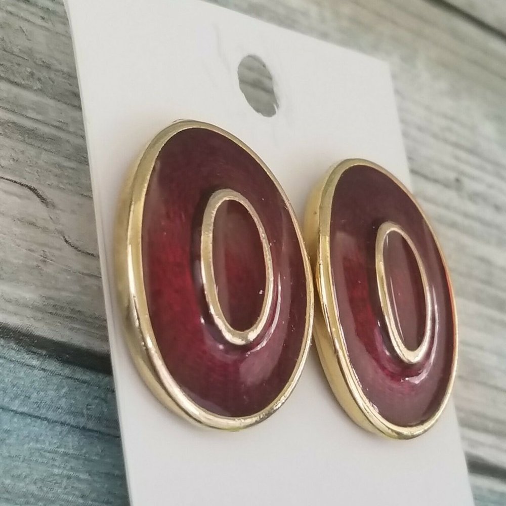 Vintage Aragon Large Oval Earrings Red Enamel Gold Tone Stainless Steel Studs Q9